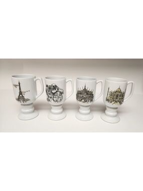 Kaysons International Pedestal Coffee Mugs Lot Of 4 Vtg 1965 Historical Landmark
